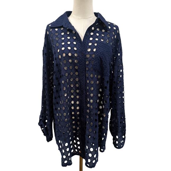 ADIVA Navy Blue Eyelet Holes Button Down Oversized Boho Beach Cover Up Top Large - Picture 1 of 7